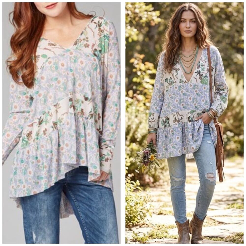 Free People Isabelle Sheer Floral Patchwork Tunic Size Medium Babydoll Boho